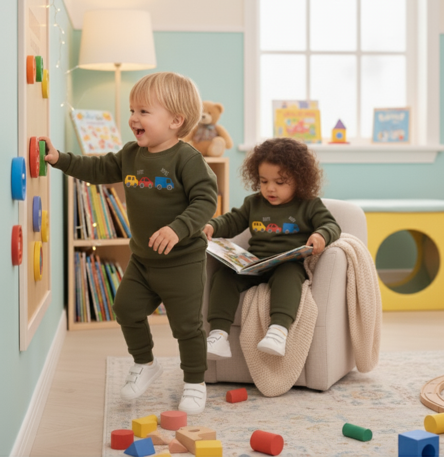 Beep-Beep Fun: Olive Green Vehicle Tracksuit