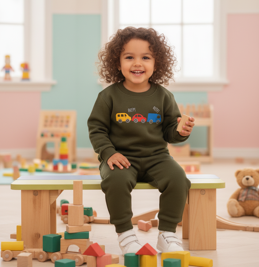 Beep-Beep Fun: Olive Green Vehicle Tracksuit
