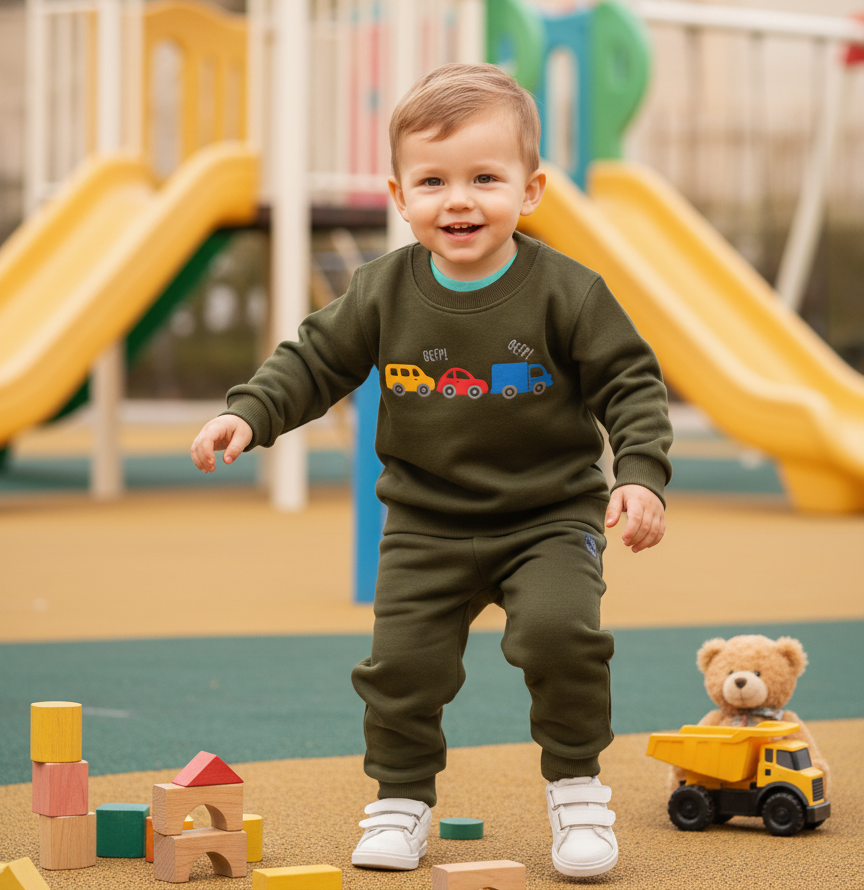 Beep-Beep Fun: Olive Green Vehicle Tracksuit