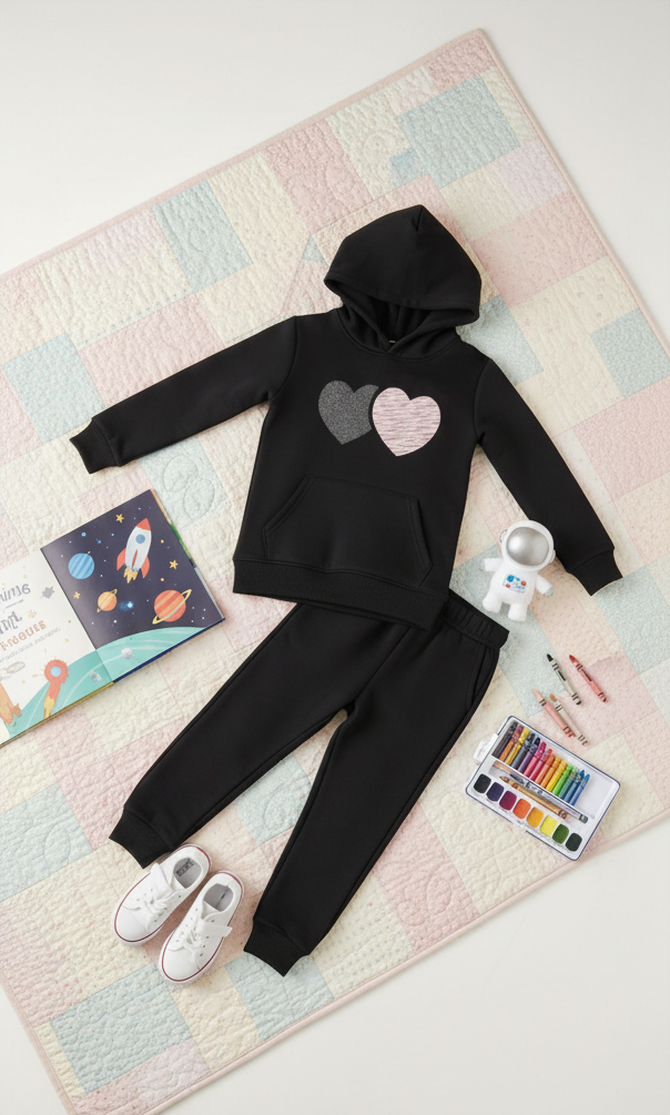Double the Love: Kids Black Fleece Heart Tracksuit