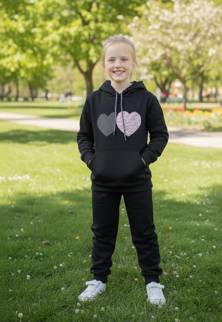 Double the Love: Kids Black Fleece Heart Tracksuit